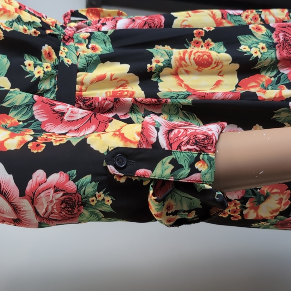 Seductions Sirens Floral Belted Shirt Dress Black Yellow Womens Size Medium - Picture 9 of 13
